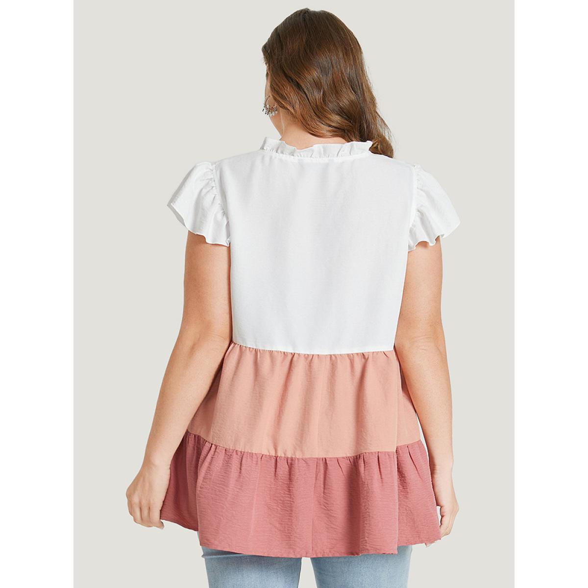 Plus Size Multicolor Colorblock Contrast Cap Sleeve Tie Neck Ruffle Tiered Blouse Women Elegant Cap Sleeve Tie Neck Dailywear Blouses BloomChic 30/6X Product Image