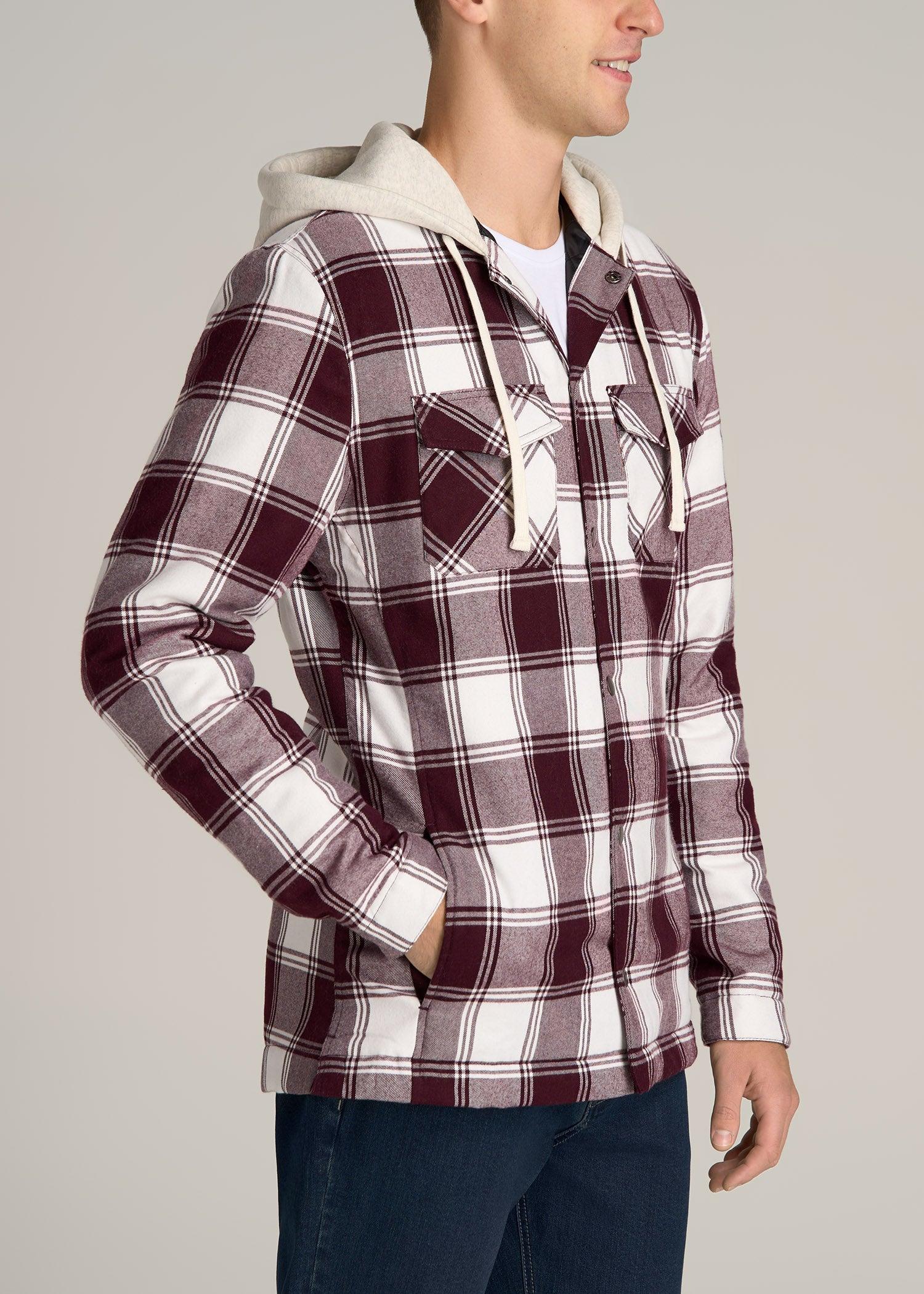 Hooded Flannel Shirt Jacket for Tall Men in Maroon & White Plaid Product Image
