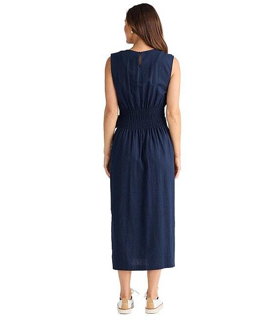 Brave + True Linen Blend Sleeveless Tie Front Smocked Back Midi Dress Product Image