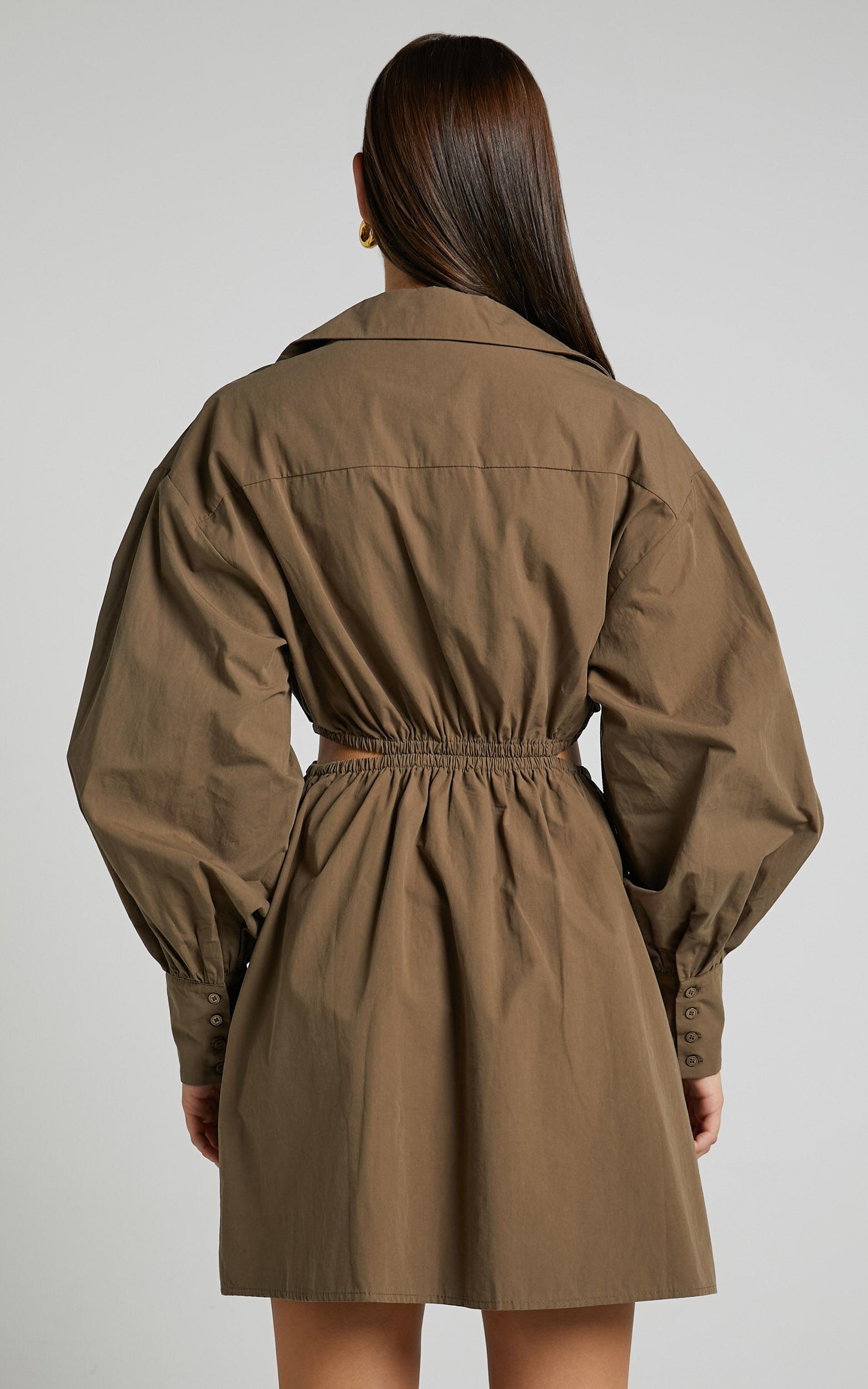 Jiah Dress - Side Cut Out Mini Shirt Dress in Khaki Product Image