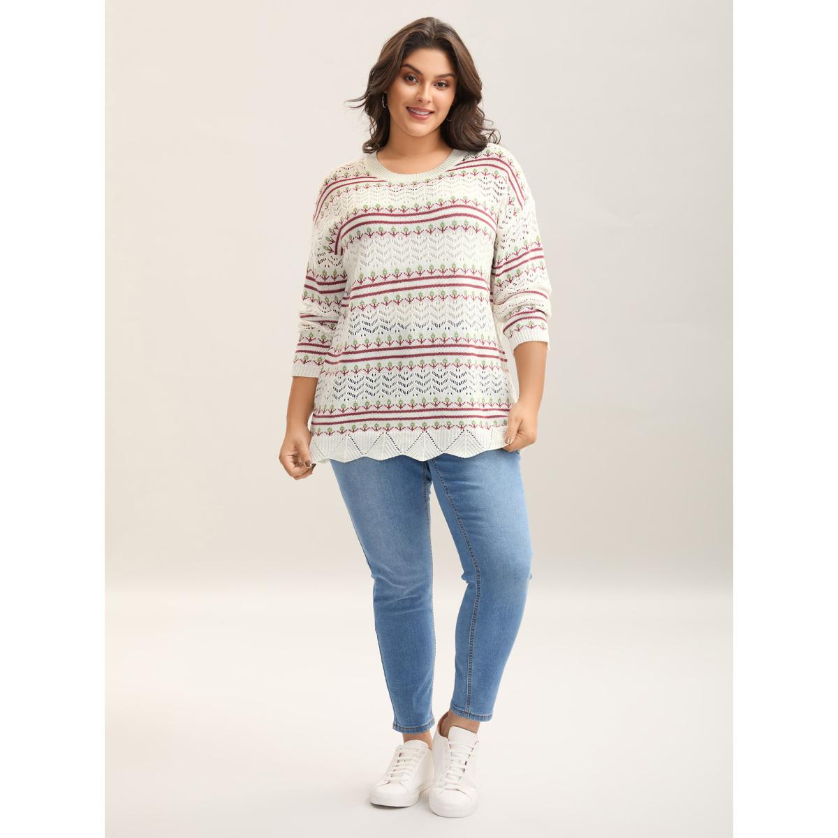 Plus Size Jacquard Pattern Crew Neck Ribbed Pullover Ivory Women Casual Loose Long Sleeve Round Neck Everyday-Casual Pullovers BloomChic 12/L Product Image