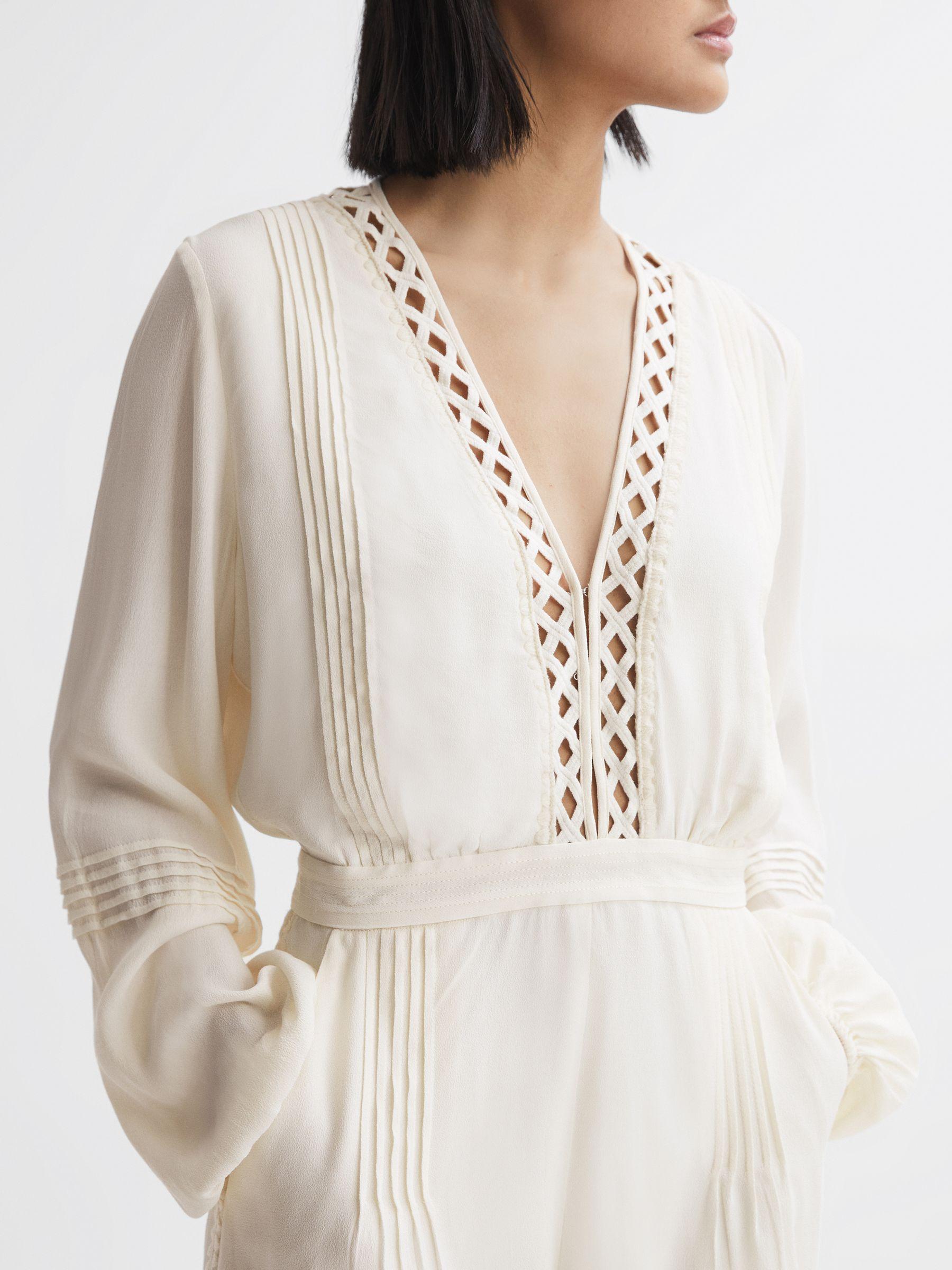 Long Sleeve Lattice Playsuit in Cream Product Image
