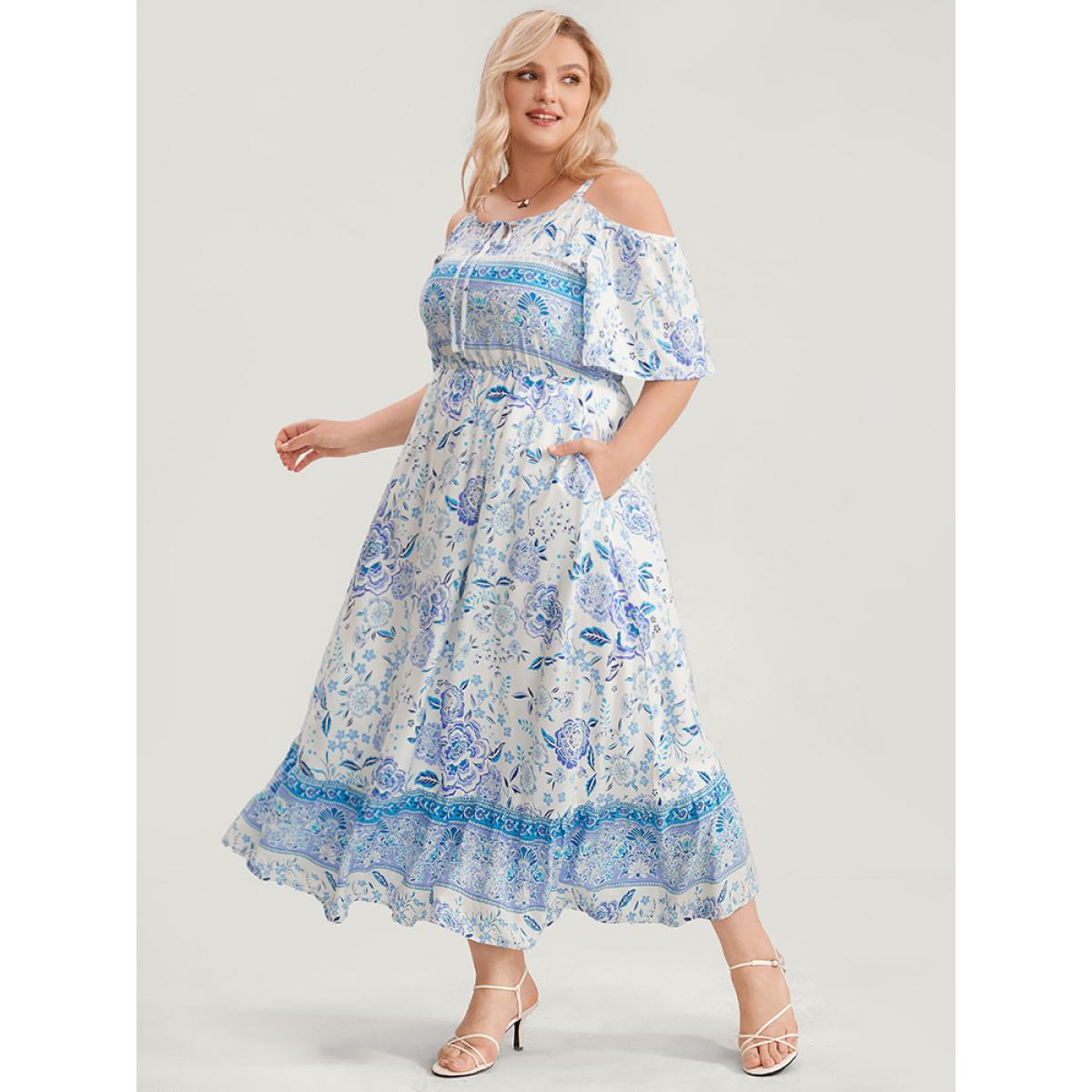 Plus Size Off Shoulder Tie Neck Floral Print Midi Dress Blue Women Tie knot Round Neck Short sleeve Curvy BloomChic 10/M Product Image
