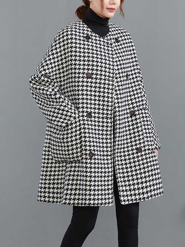 Loose Houndstooth Buttoned Round-Neck Long Sleeves Woolen Coat Product Image