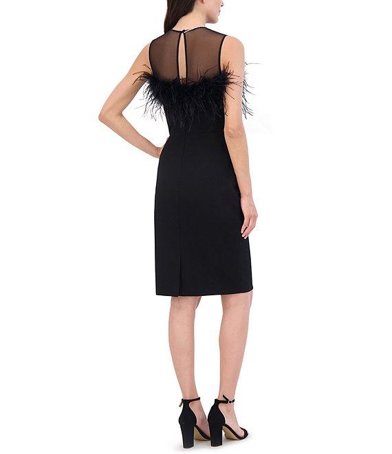 Eliza J Scuba Crepe Illusion Crew Neck Sleeveless Feather Detail Sheath Dress Product Image