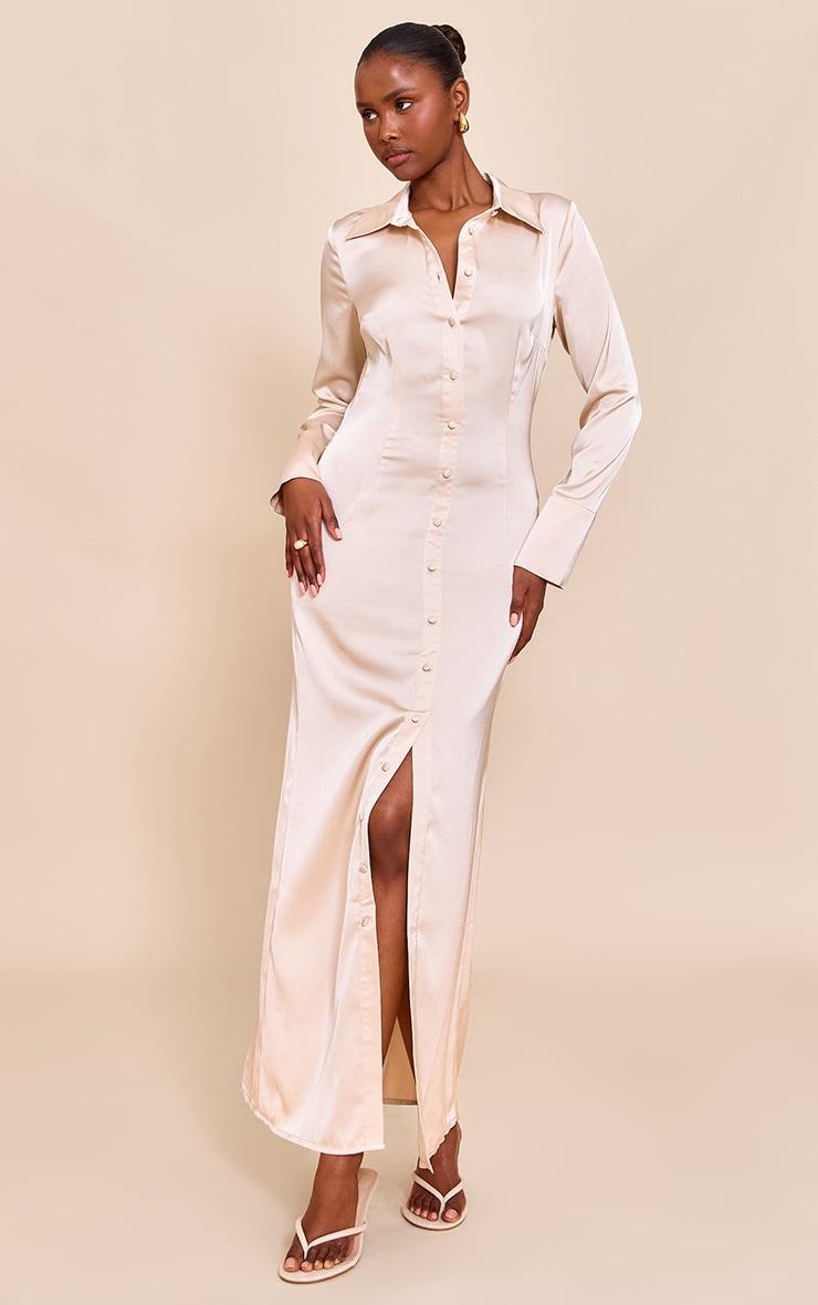 Almond Satin Button Down Midaxi Dress Product Image