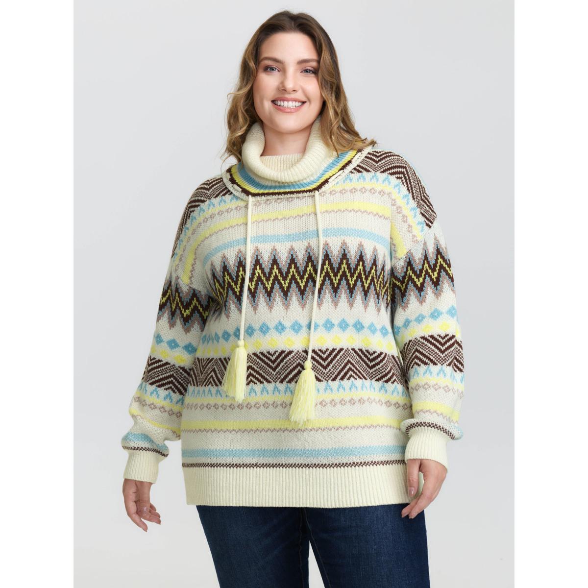 Plus Size Jacquard Boho Print Turtleneck Pullover Ivory Women Playful Loose Long Sleeve Ruffled collar Casual Pullovers BloomChic 30/6X Product Image