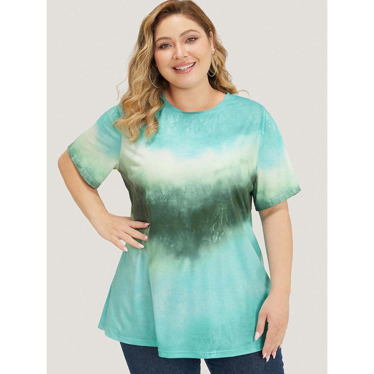 Plus Size Tie Dye Drop Shoulder Round Neck T-shirt Green Women Casual Ombre Round Neck Dailywear T-shirts BloomChic 10/M Product Image