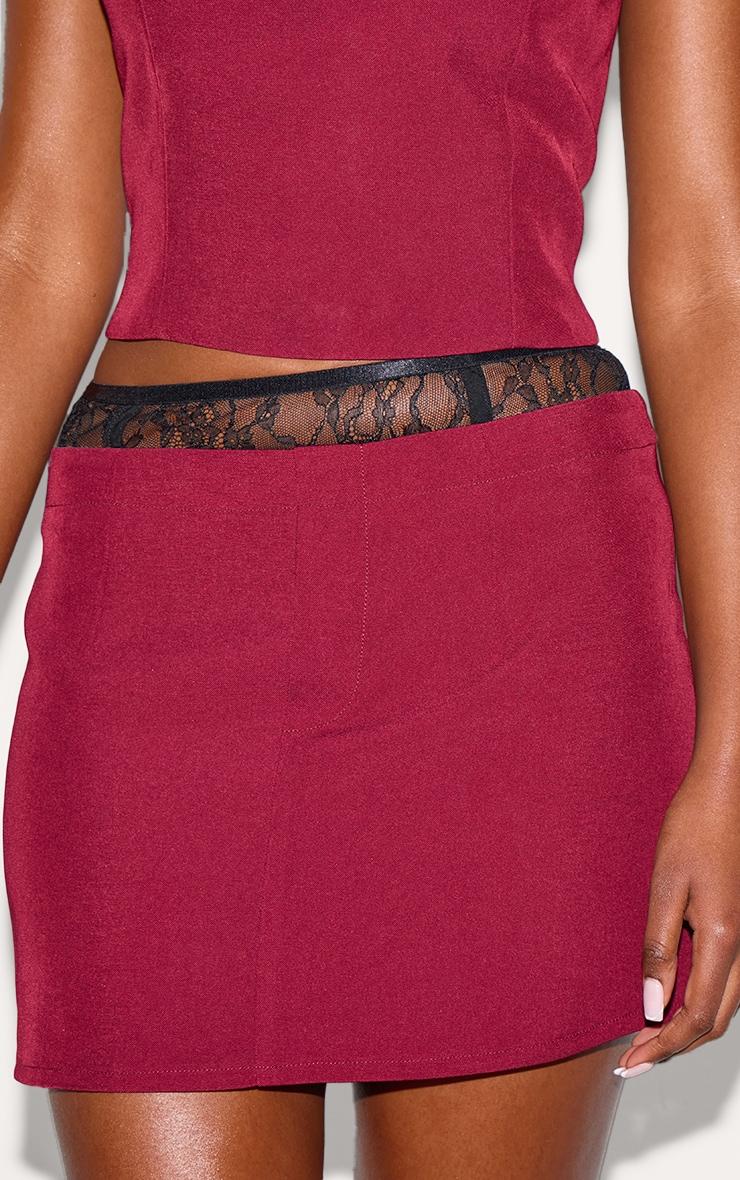 Burgundy Lace Waist Detail Woven Belted Mini Skirt Product Image
