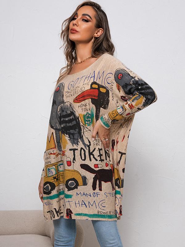 Casual Long Sleeves Loose Cartoon Printed Contrast Color Round-Neck Sweater Tops Product Image