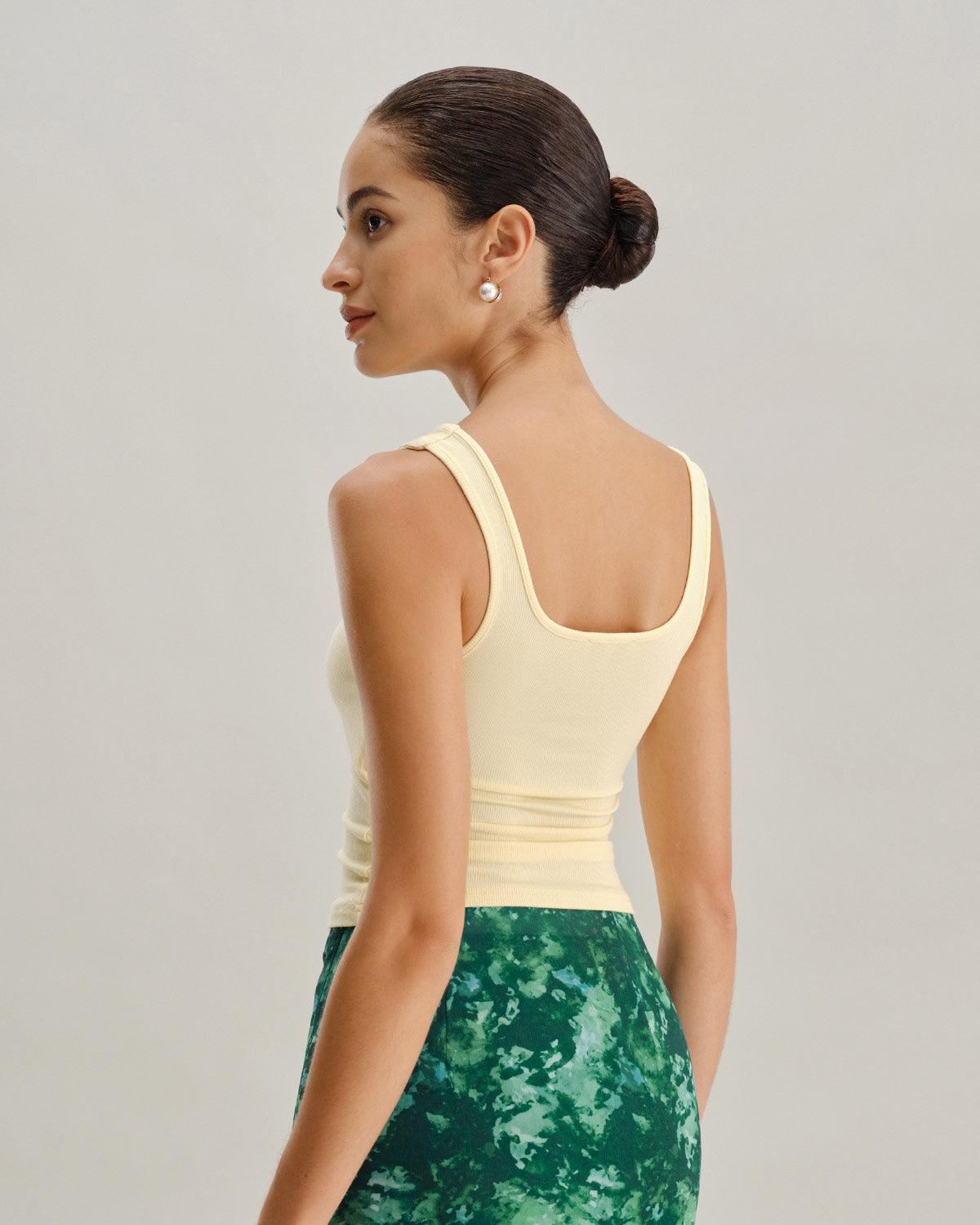 Yellow V Neck Ribbed Knit Tank Top Product Image