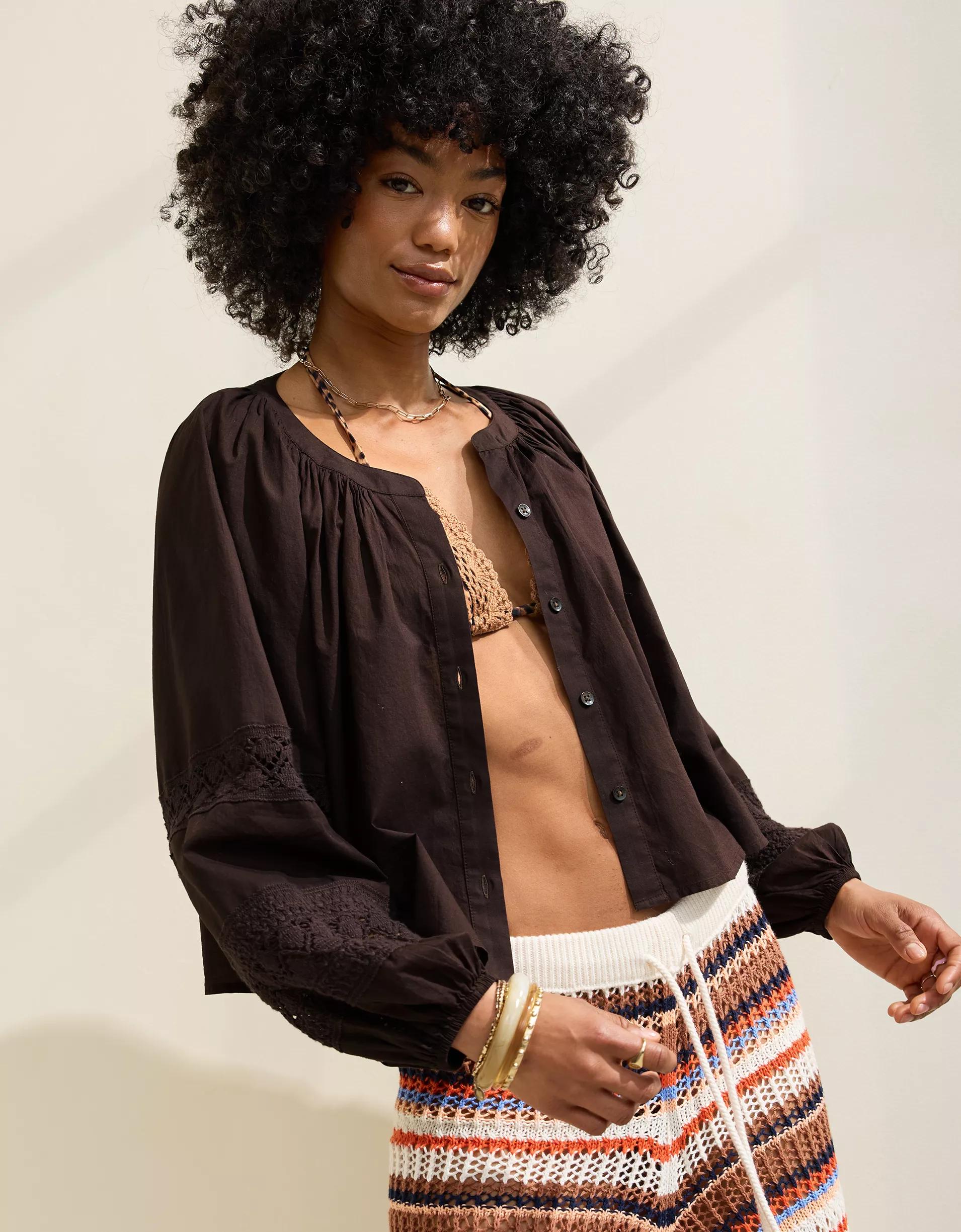 Aerie Long Sleeve Crochet Button Down Shirt Product Image