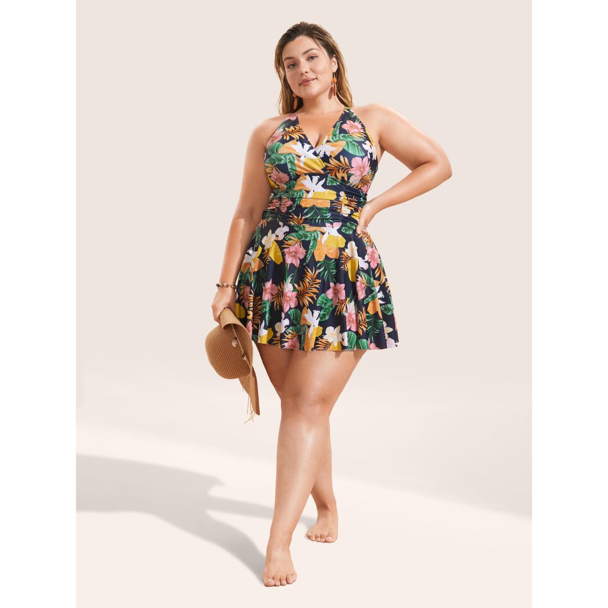 Plus Size Tropical Adjustable Straps Ruched Swim Dress Women's Swimwear Multicolor Beach Bodycon Overlap Collar High stretch Curve Swim Dresses BloomChic 28/5X Product Image