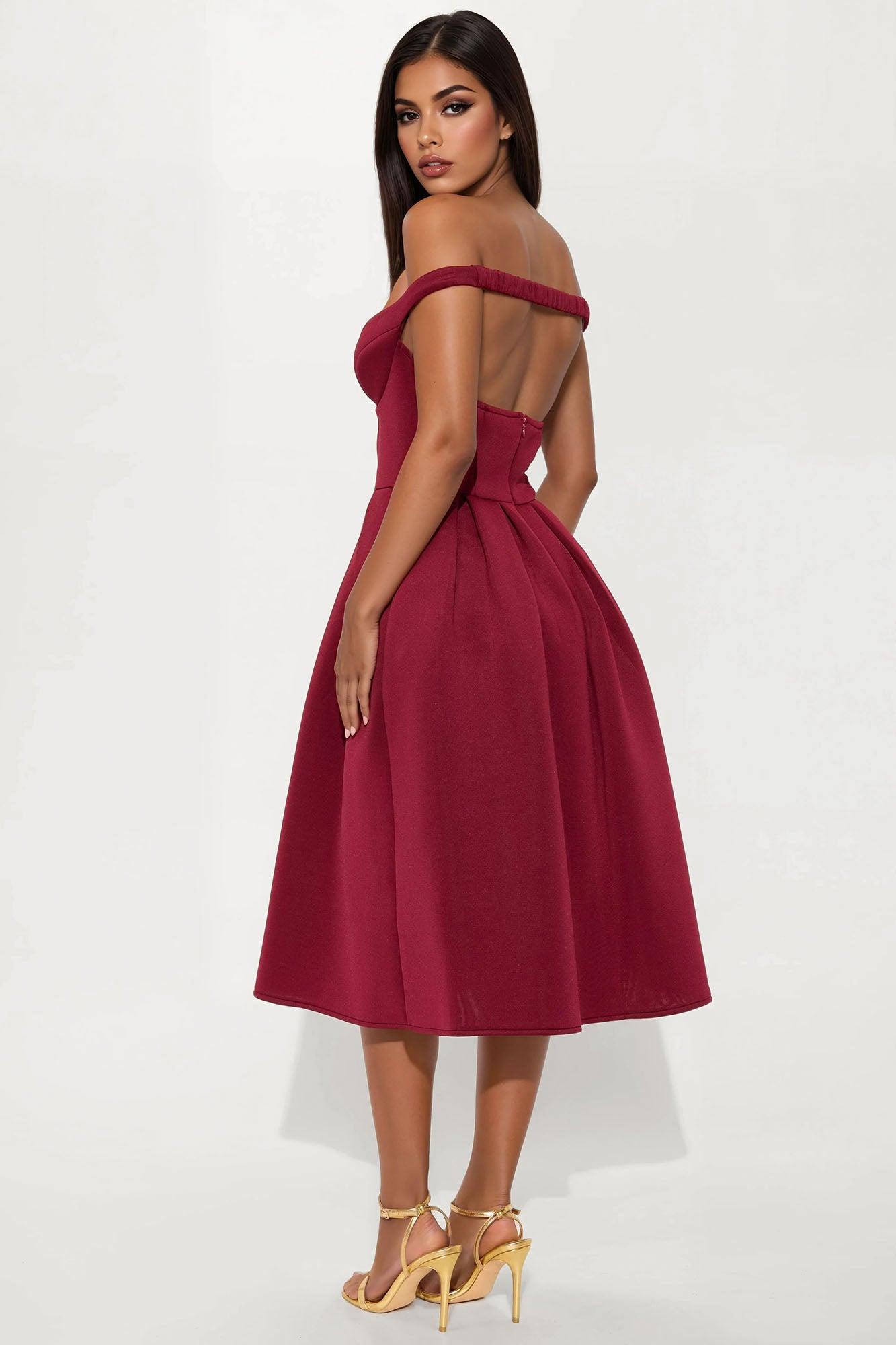 Grand Beauty Off Shoulder Midi Dress - Wine Product Image