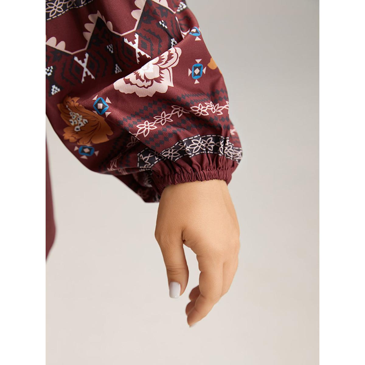 Plus Size Scarlet Boho Print Tie Neck Tassel Trim Blouse Women Vacation Long Sleeve Tie Neck Dailywear Blouses BloomChic 26/4X Product Image