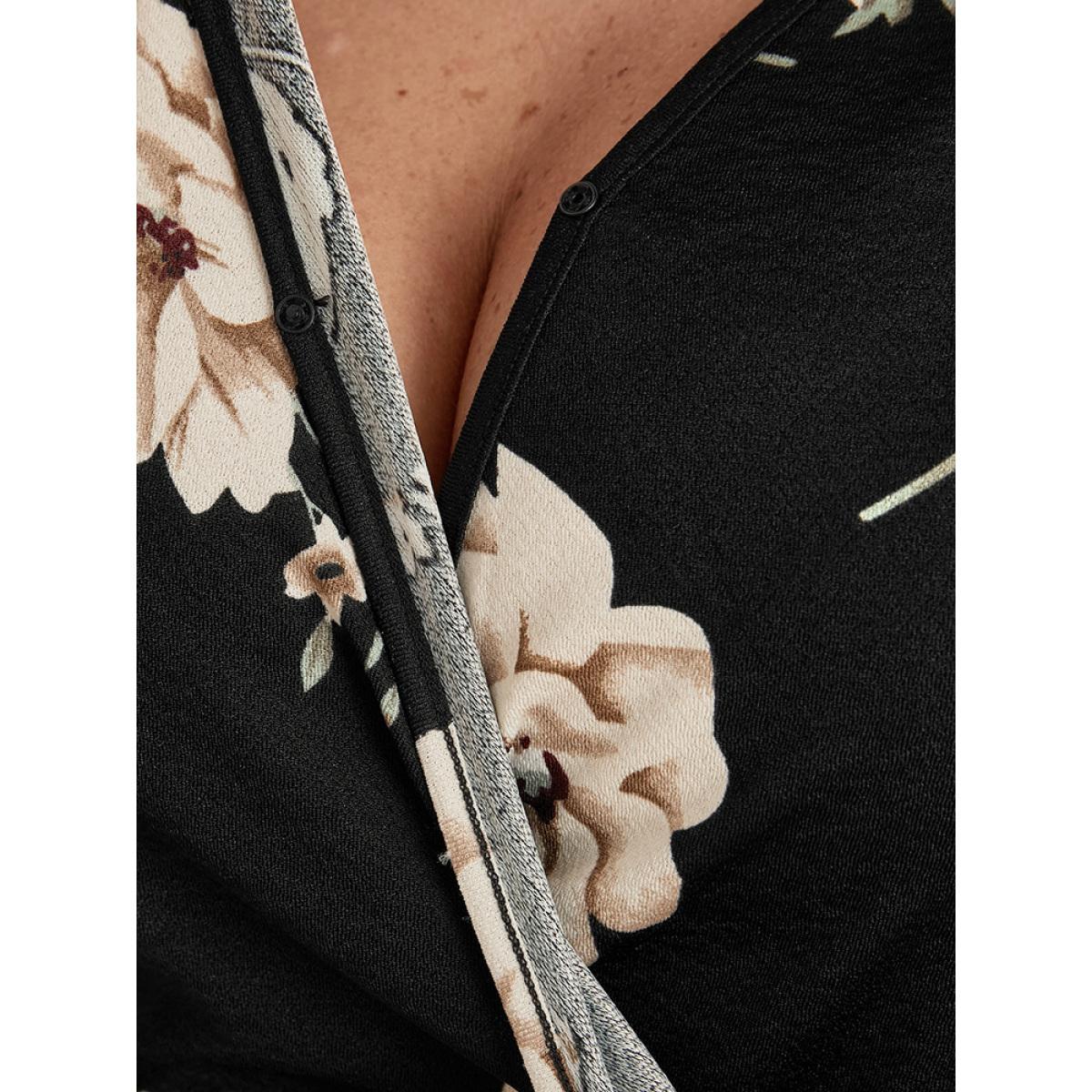 Plus Size Floral Print Belted Surplice Neck Knee Dress Black Women Elegant Belted V-neck Long Sleeve Curvy Knee Dress BloomChic 14-16/1X Product Image