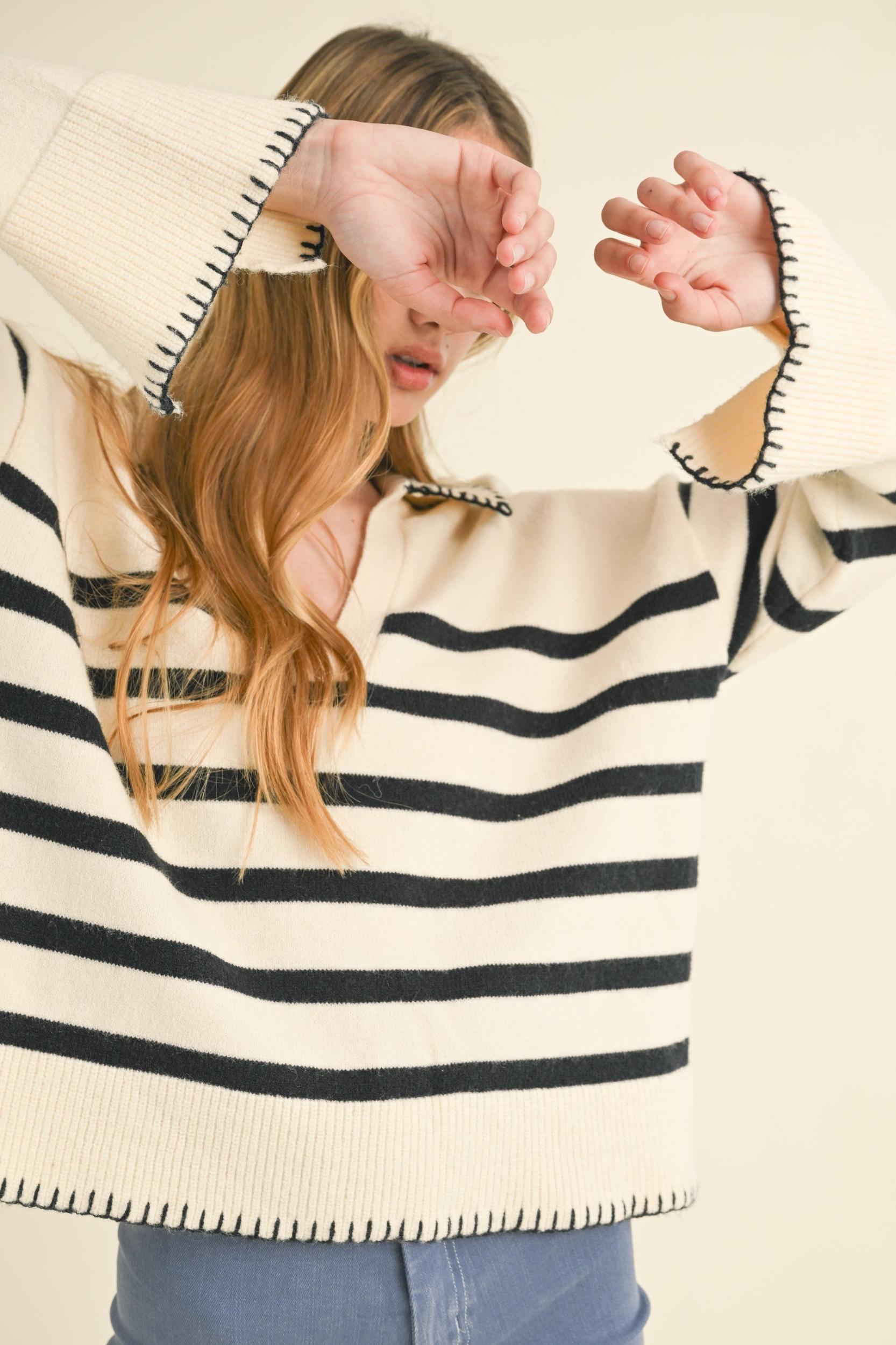 Detailed Collar Stripe Comfy Sweater Product Image