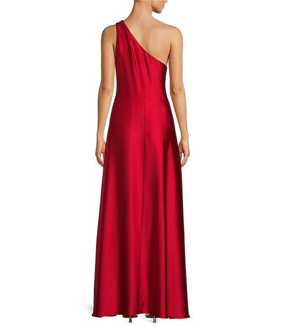 Alex Marie Petite Camila Stretch Satin Asymmetrical One Shoulder Metal Loop Strap A-Line Maxi Dress Product Image