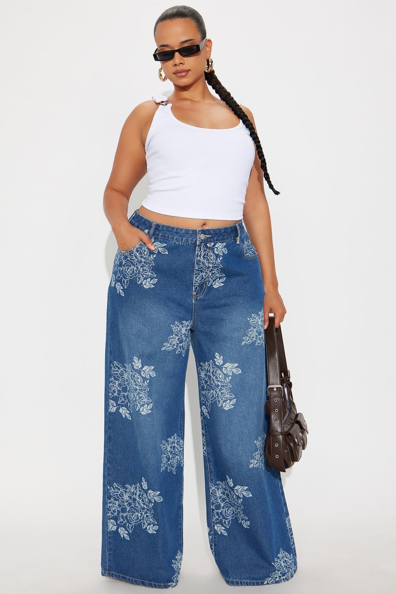 Rose Kiss Floral Print Wide Leg Jeans - Medium Wash Female Product Image