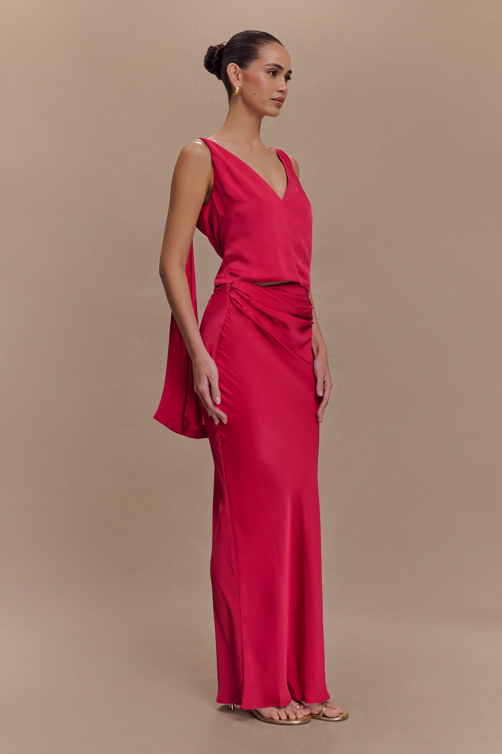 Nicola Satin Asymmetric Maxi Skirt - Pink Cherry Product Image