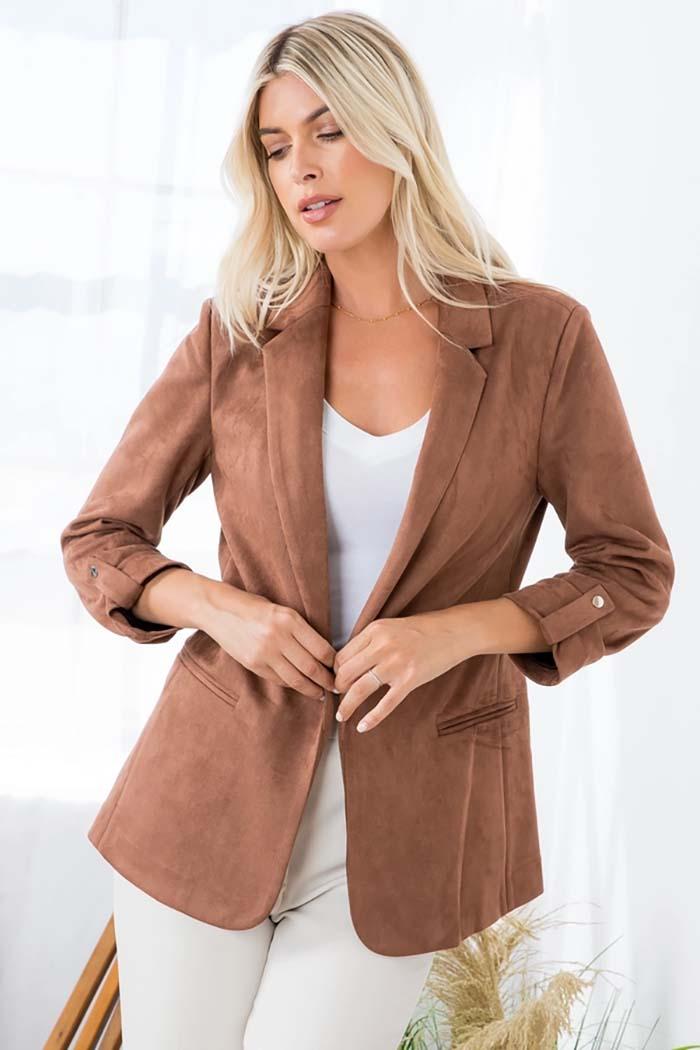Open Front Roll Up Suede Blazer Product Image
