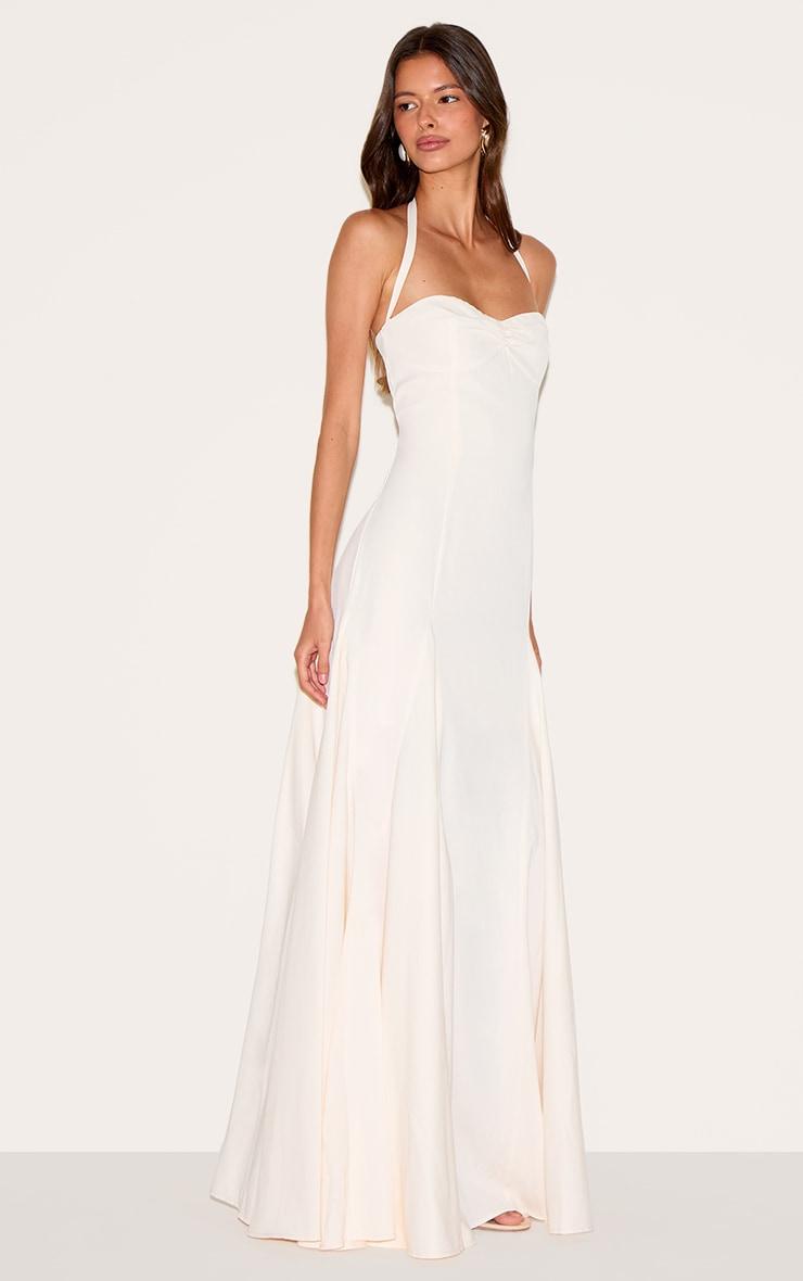 Cream Woven Halterneck Ruched Bust Detail Maxi Dress Product Image