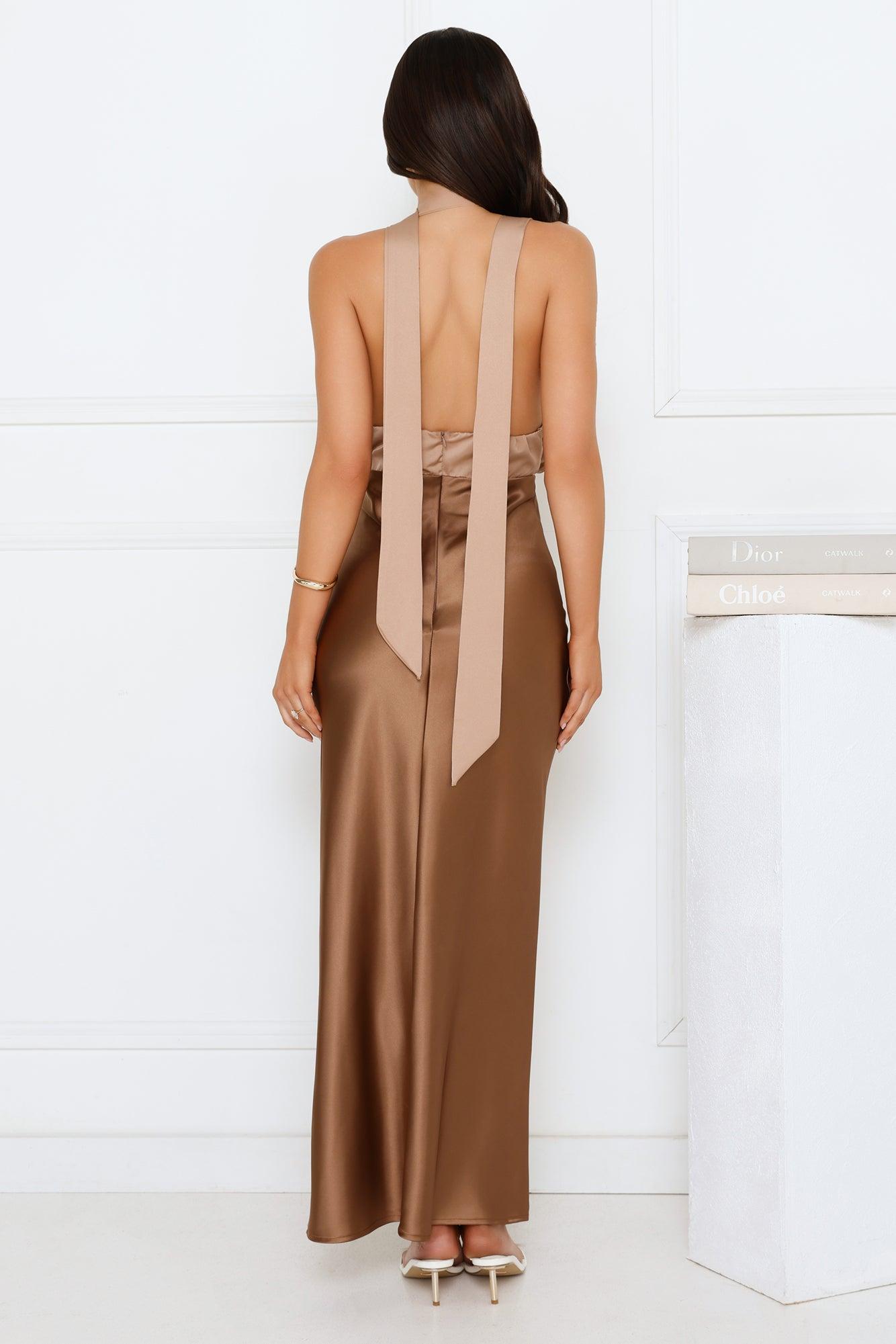 Gilded Grace Satin Maxi Dress Brown Product Image