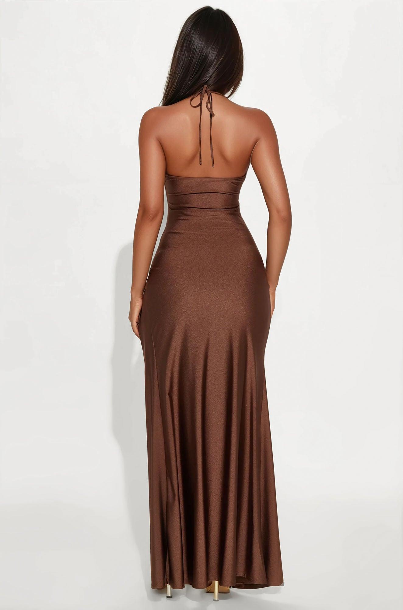 Elma Cut Out Tricot Halter Maxi Dress - Chocolate Product Image