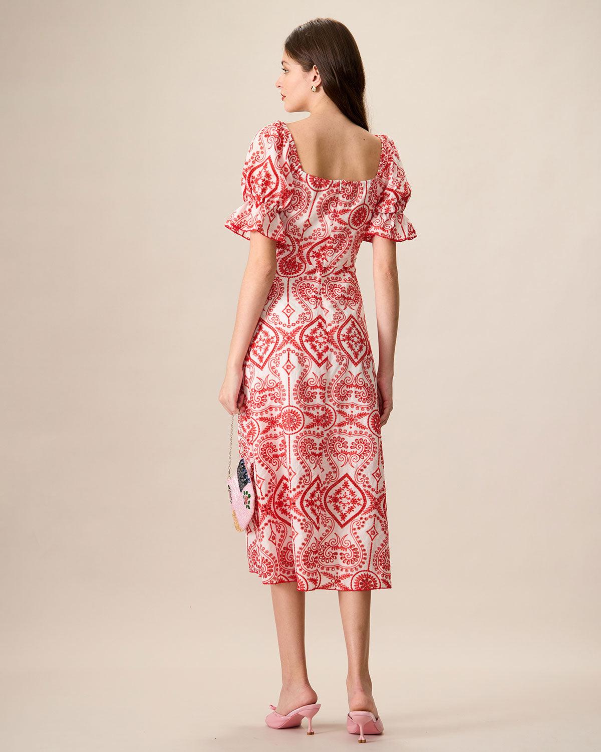 Women's Geometric Embroidery Ruffle Cotton Midi Dress Female Product Image