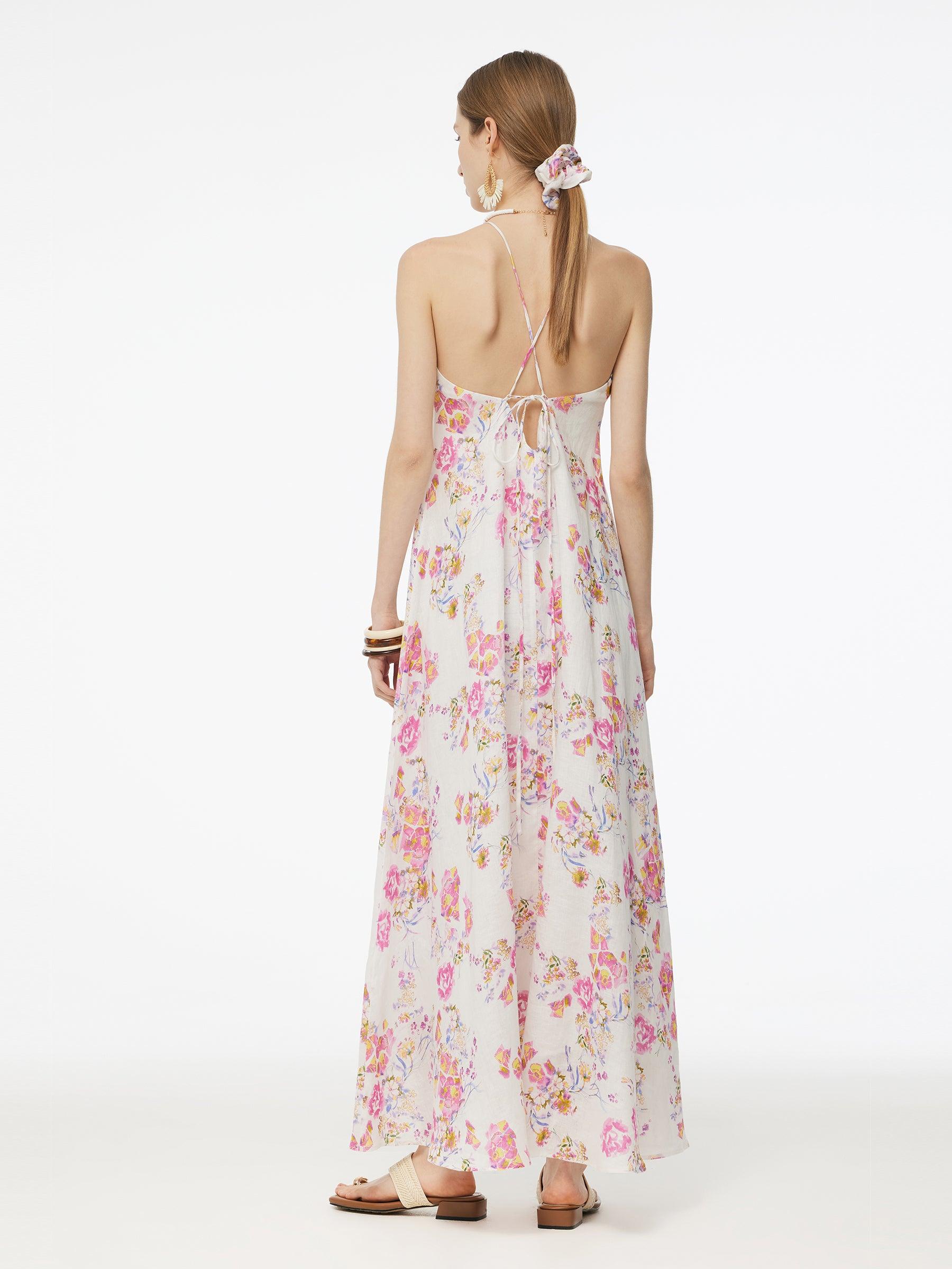 100% Linen Rose Print Women Halterneck Slip Maxi Dress Product Image