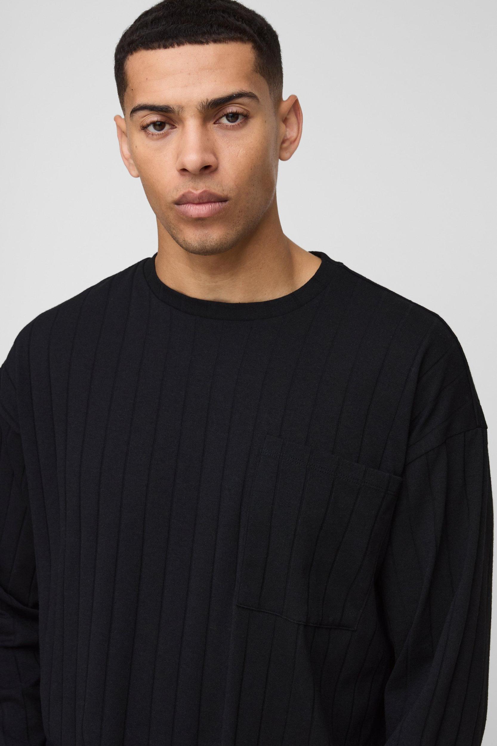 Oversized Soft Rib Pocket Detail Long Sleeve T-Shirt | boohooMAN USA Product Image