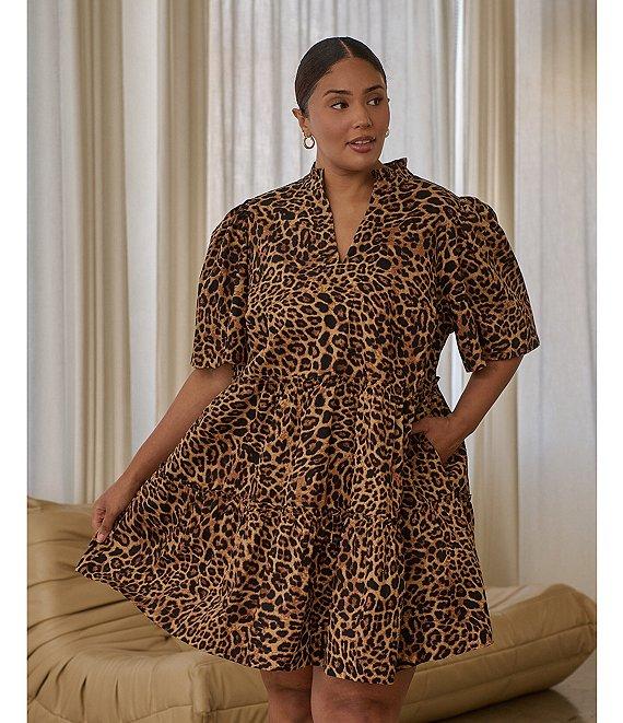 Sugarlips Plus Size Leopard Printed Short Sleeve A-Line Dress Product Image