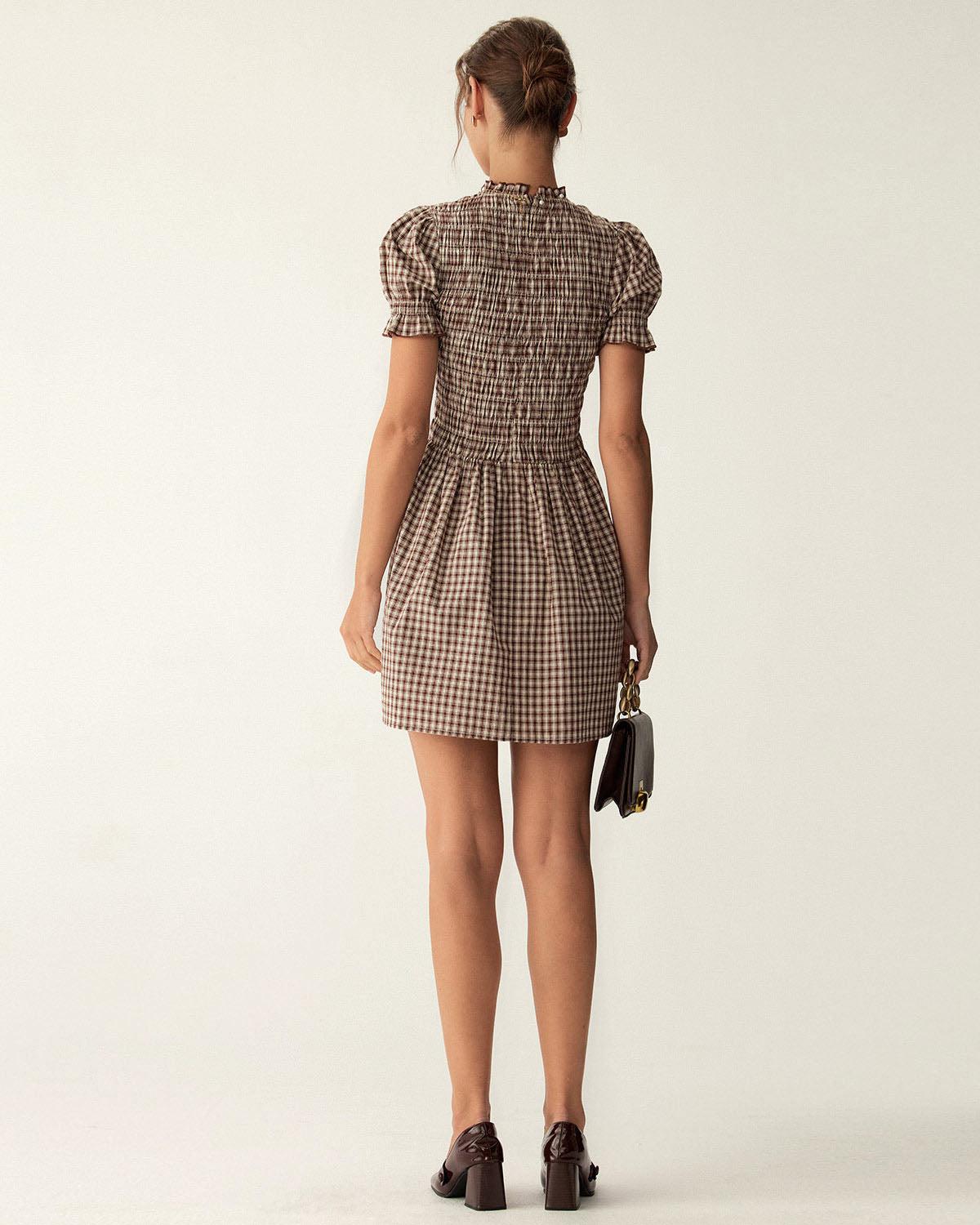 Coffee Plaid Puffed Sleeve Mini Dress Product Image