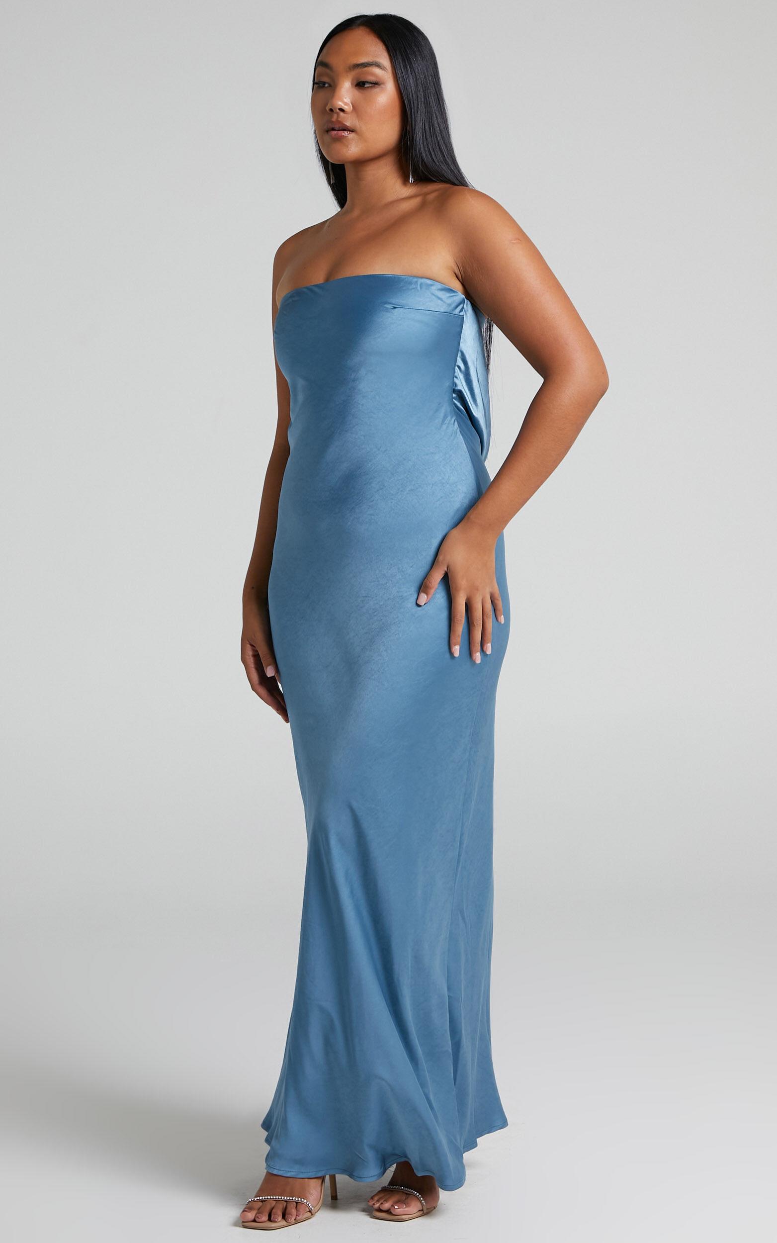 Charlita Maxi Dress - Strapless Cowl Back Satin Dress in Steel Blue Product Image
