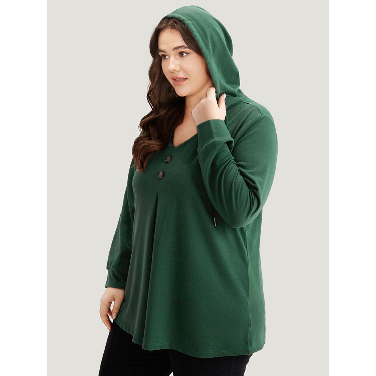 Plus Size Hooded Button Detail Plicated Detail Sweatshirt Women DarkGreen Casual Plain Hooded Everyday Sweatshirts BloomChic 14-16/1X Product Image