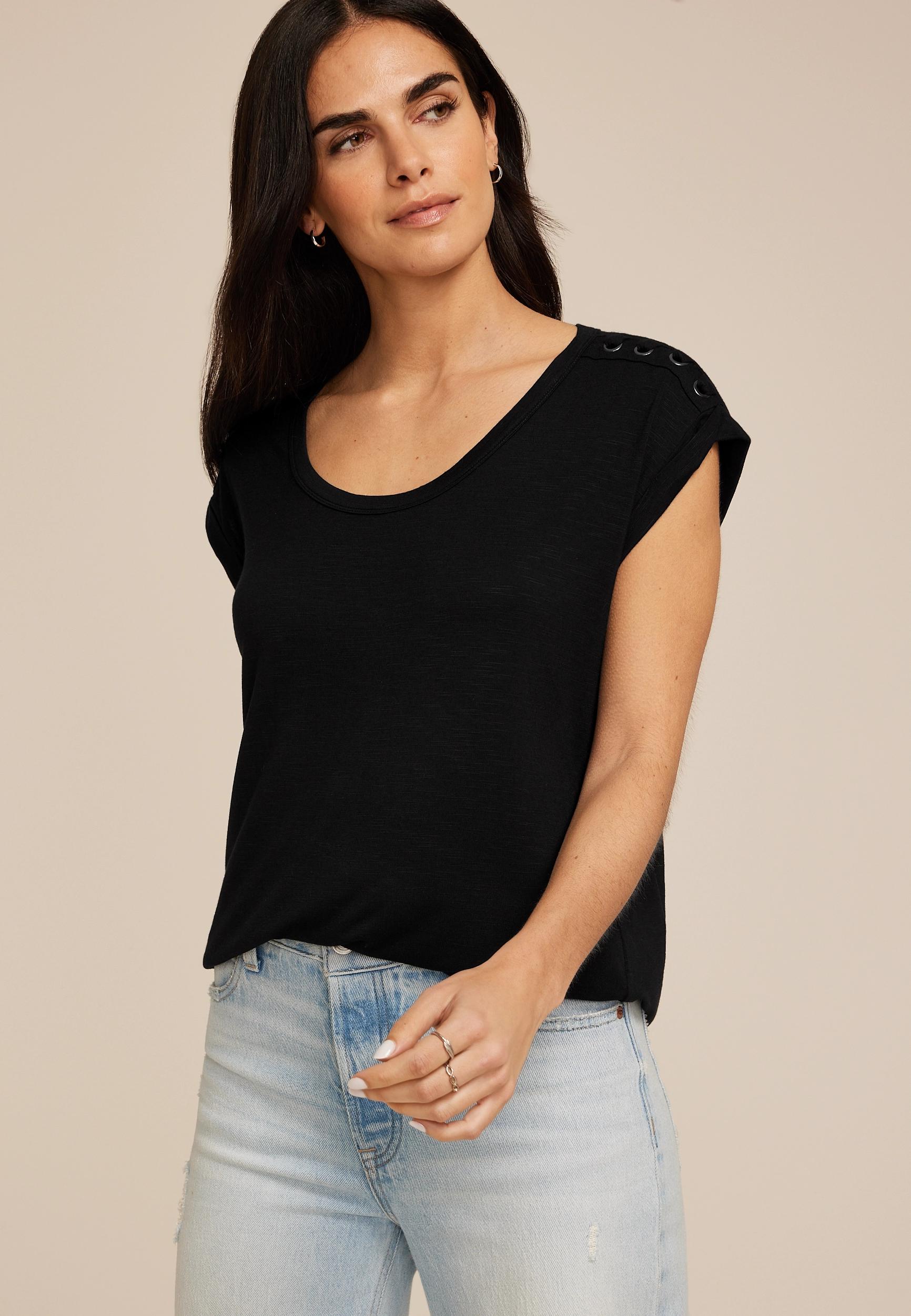 Grommet Shoulder Scoop Neck Tee Product Image