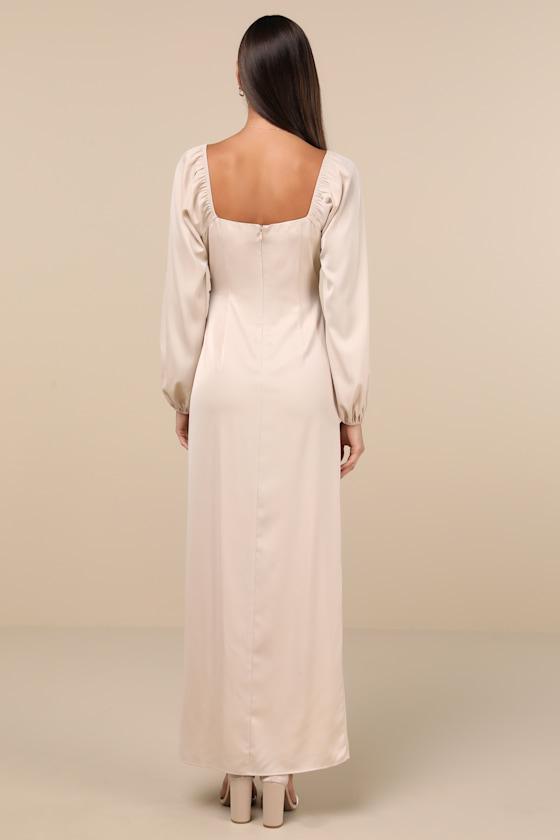 Eternal Heart Champagne Satin Long Sleeve Maxi Dress Product Image