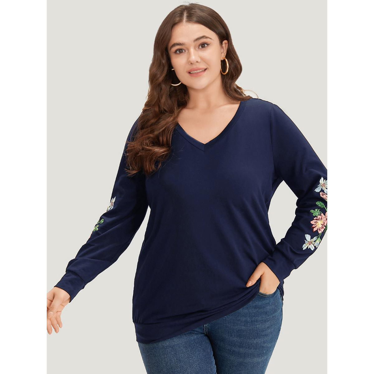 Plus Size Floral Embroidered Elastic Cuffs V Neck Sweatshirt Women Burgundy Elegant Elastic cuffs V-neck Dailywear Sweatshirts BloomChic 30/6X Product Image