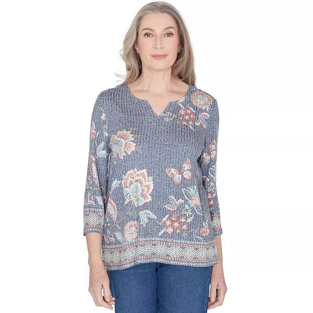 Women's Alfred Dunner Floral Border Split Neck Top, Size: Medium, Blue Team Product Image