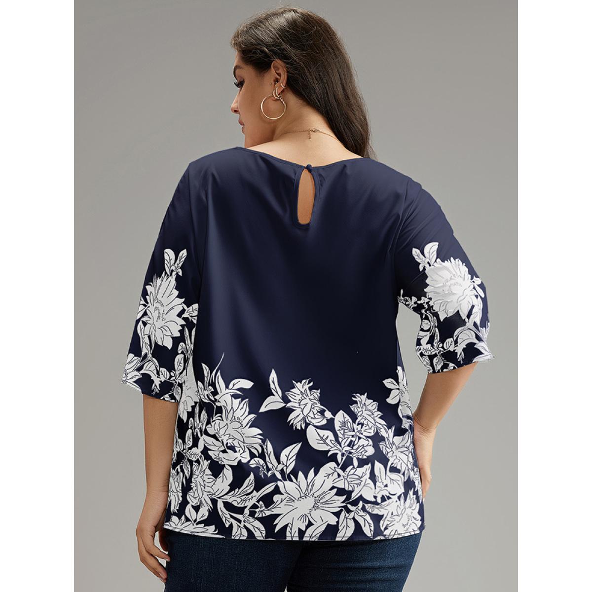 Plus Size Indigo Boho Print V Neck Cut Out Blouse Women Elegant Elbow-length sleeve V-neck Dailywear Blouses BloomChic 18-20/2X Product Image