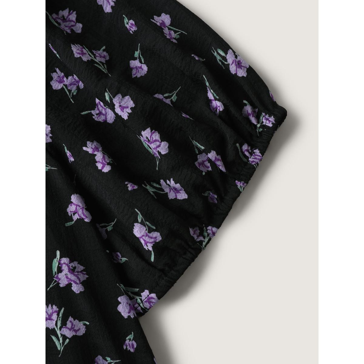 Plus Size Black Floral Fiesta Pleated Square Neck Blouse Women Short sleeve Square Neck Elegant Blouses BloomChic 12/L Product Image