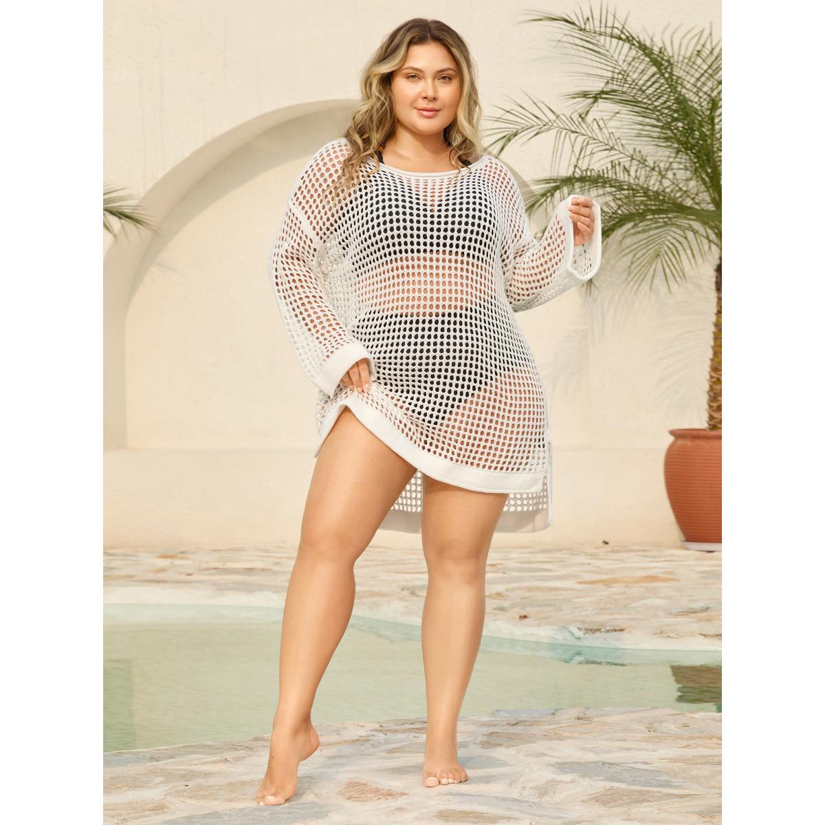 Plus Size Crochet Drop Shoulder Slit Swim Cover-Up Women's Swimwear Ivory Beach Loose Texture Curve Swim Cover Ups BloomChic 28/5X Product Image