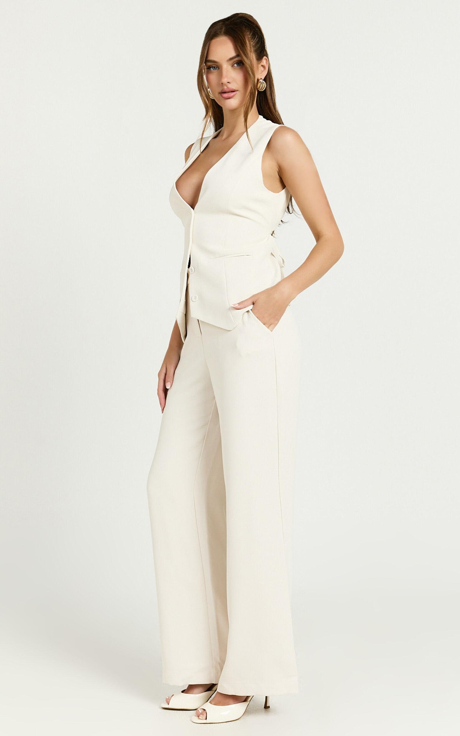 Kira Top - Tailored Longline Tie Back V Neck Vest in Bone Product Image
