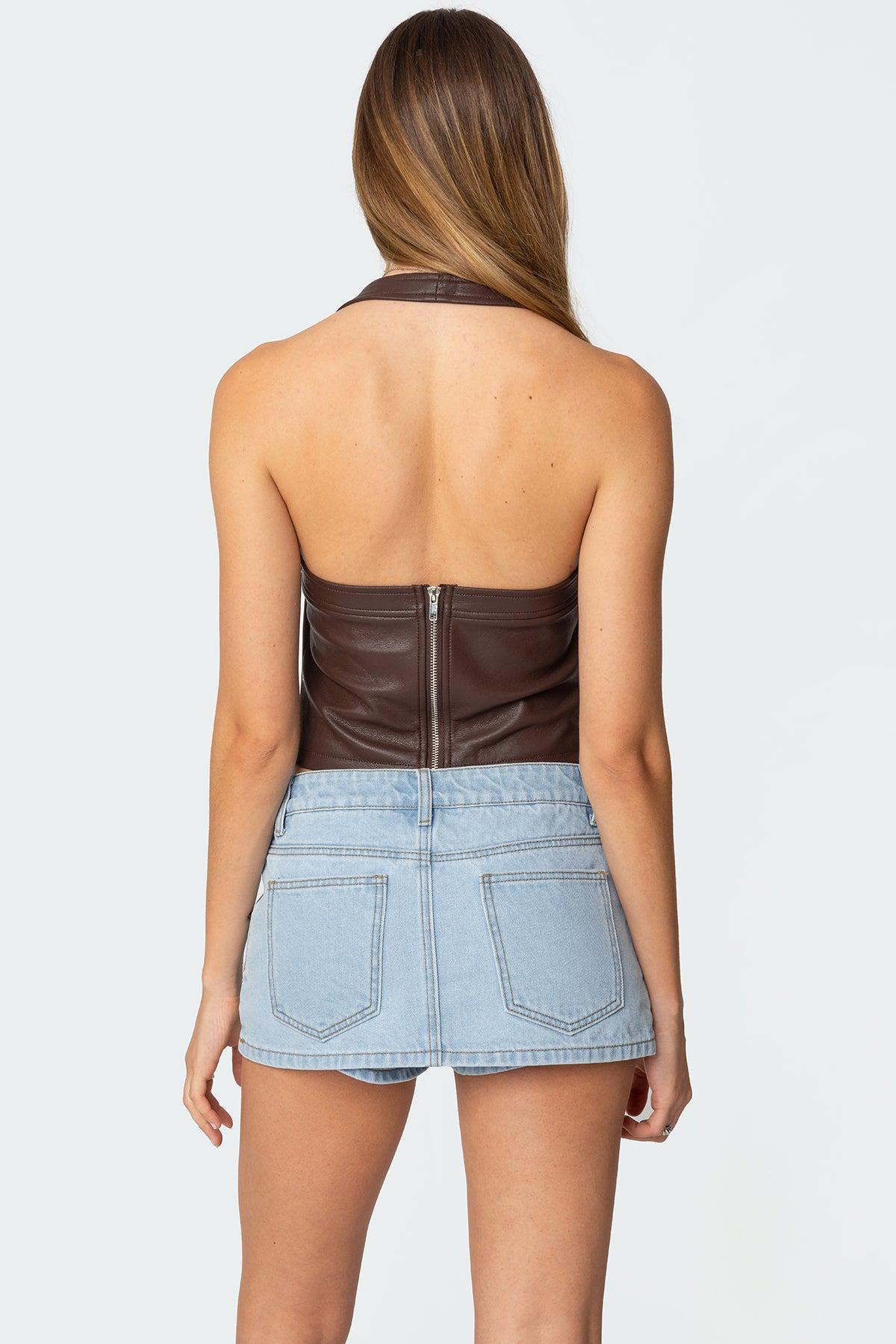 Draped Faux Leather Halter Top Product Image