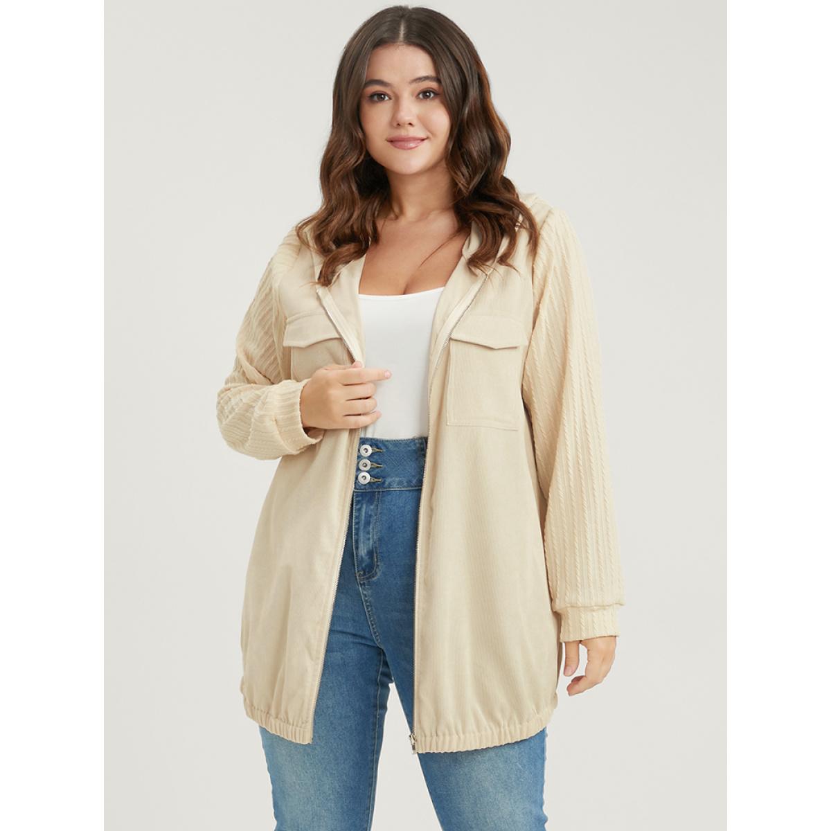 Plus Size Solid Flap Pocket Zip Up Hooded Coat Women Beige Casual Patchwork Ladies Dailywear Winter Coats BloomChic 10/M Product Image