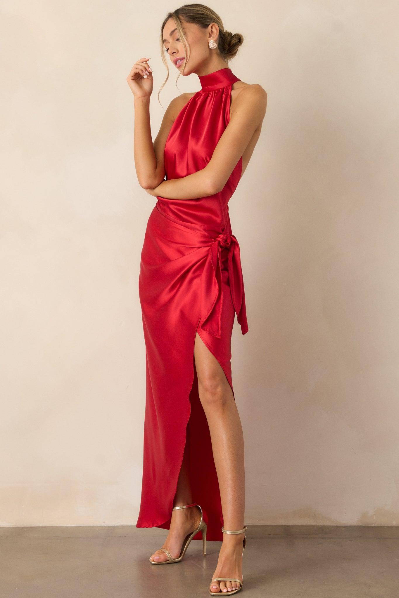 A Night Out Red Satin Halter Neck Maxi Dress Product Image