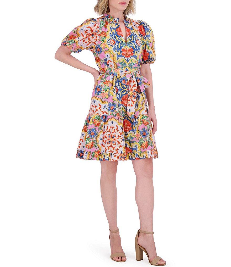 Vince Camuto Floral Print V-Neck Short Sleeve Tie Waist Dress Product Image