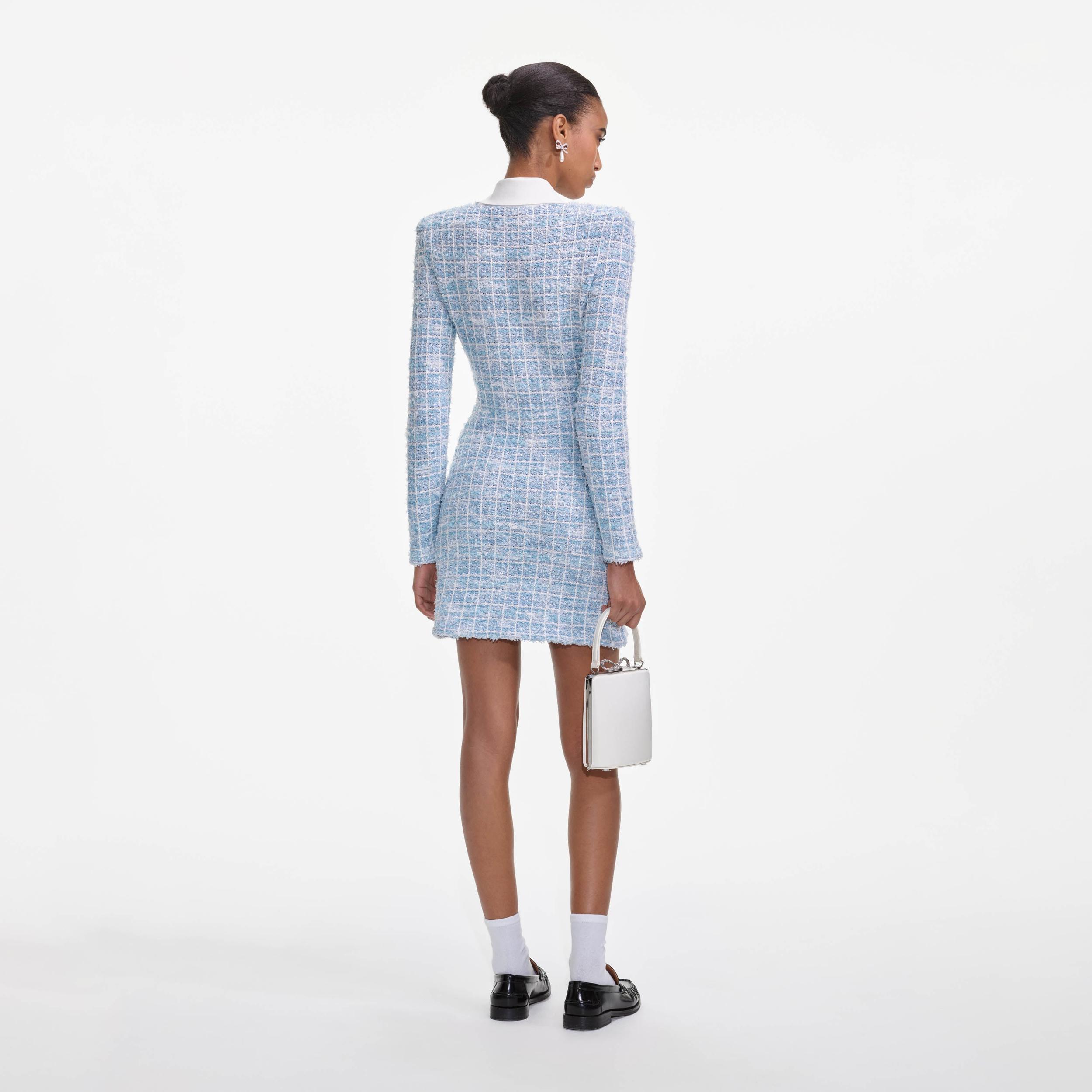 Blue Check Collared Knit Mini Dress Product Image