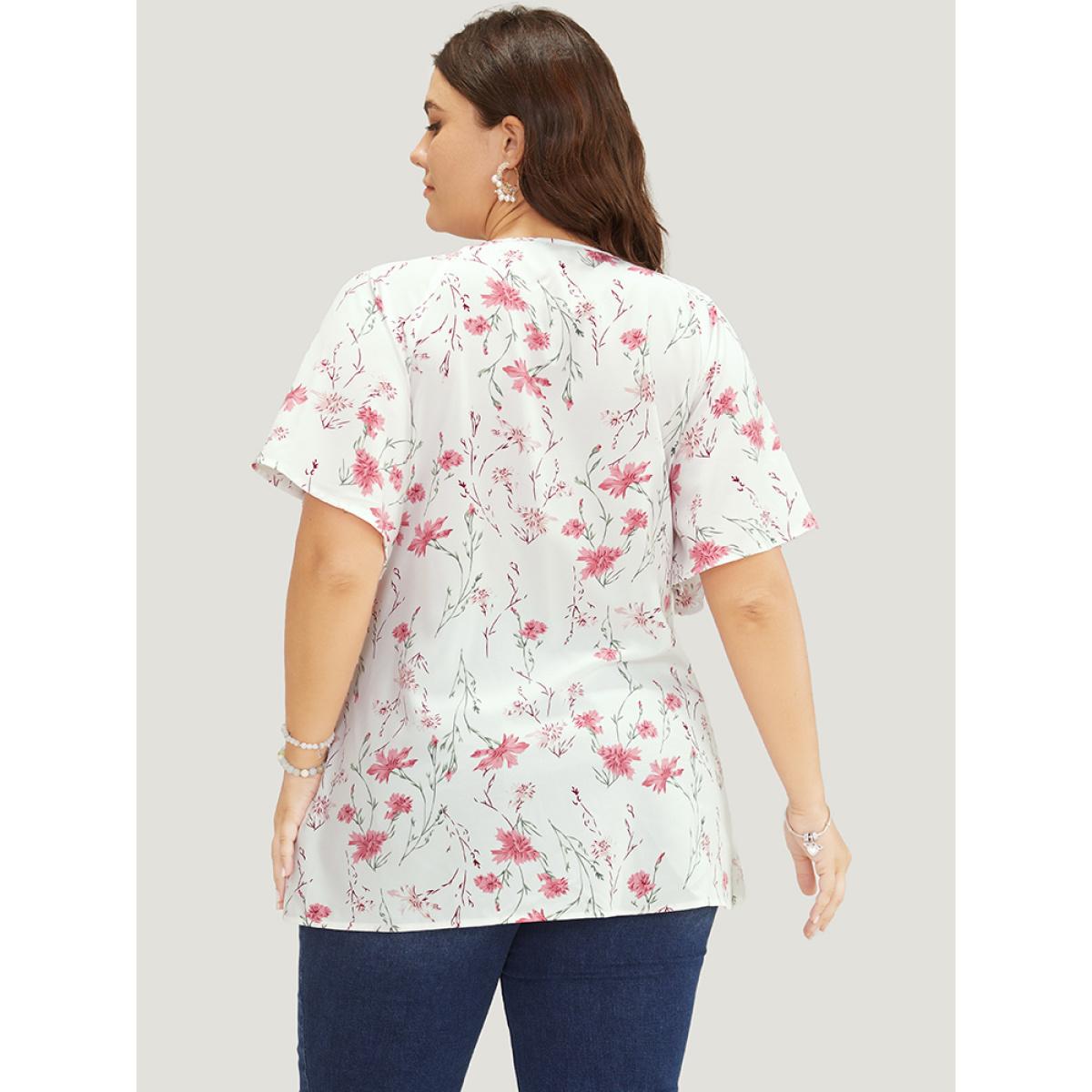 Plus Size Ivory Floral Ruffle Knyhole Raglan Sleeve Knotted Front Blouse Women Elegant Short sleeve Round Neck Dailywear Blouses BloomChic 10/M Product Image
