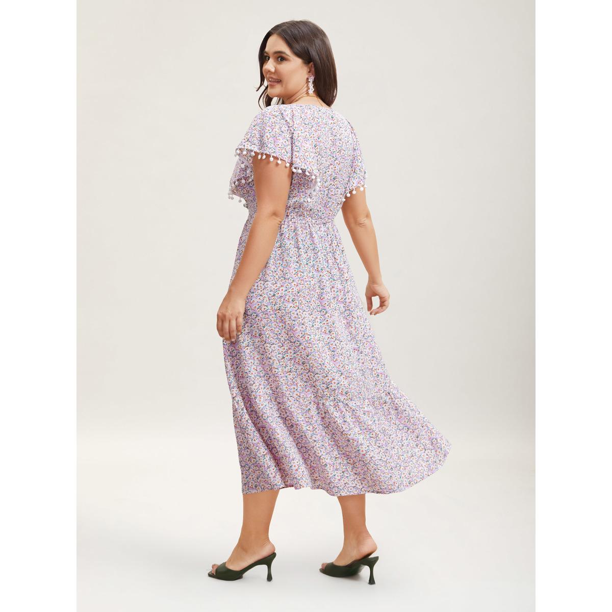 Plus Size Square Neck Floral Print Tassels Tiered Midi Dress Lavender Women Elegant Woven ribbon&lace trim Square Neck Short sleeve Curvy BloomChic 14-16/1X Product Image